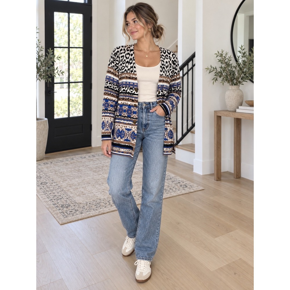 Chicos Leopard Mixed Print Cardigan Blue Brown Animal Pattern V-Neck Size 3 XL